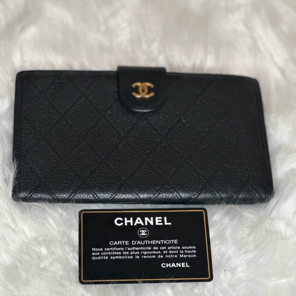 💯 Authentic CHANEL Caviar Stitched French Wallet Black